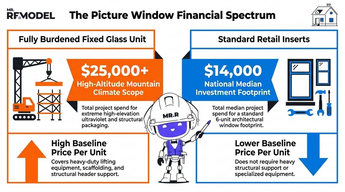 A 2026 visually striking financial matrix infographic charting fixed window unit baselines, the $14,000 median footprint, and mountain climate totals ($25,000+).